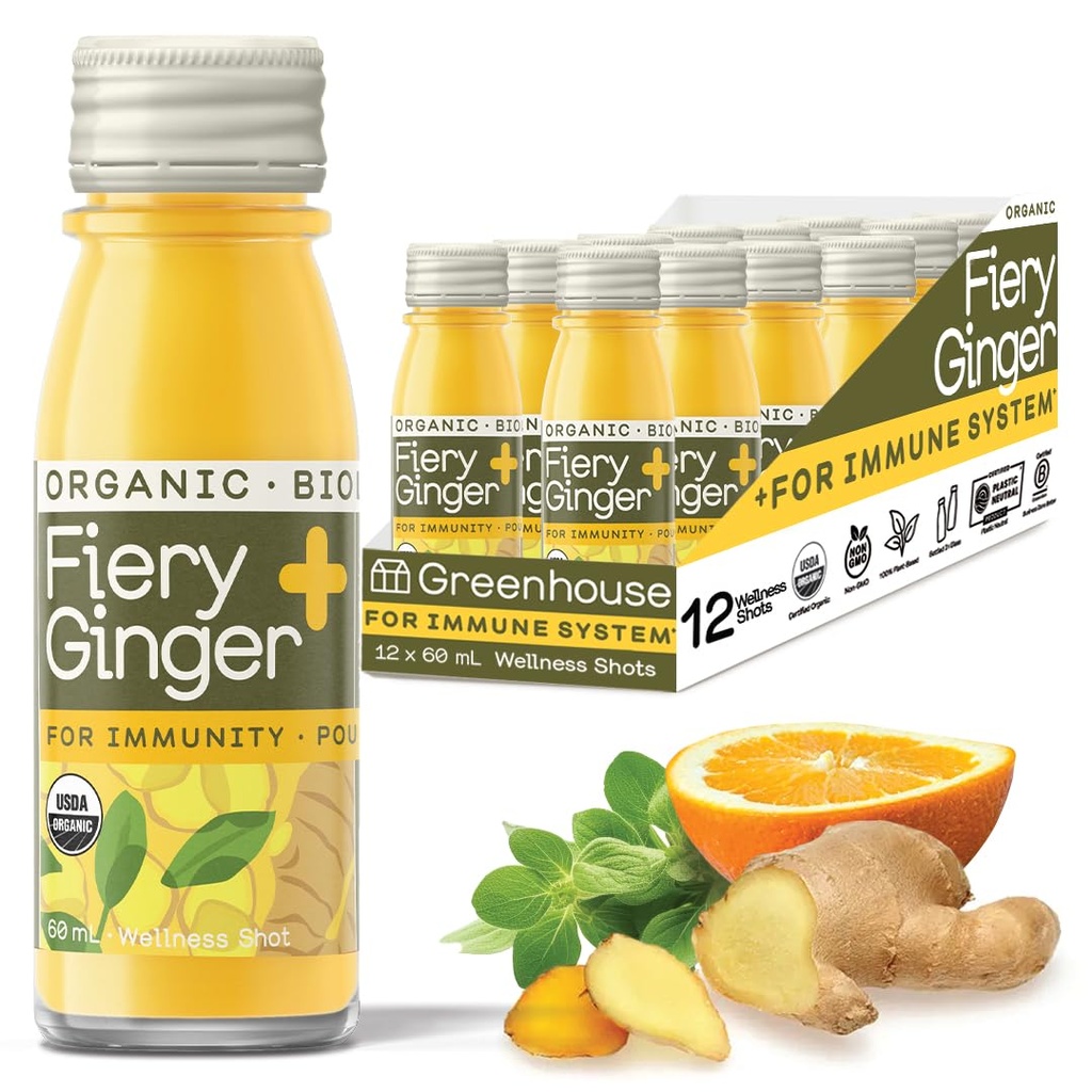 Greenhouse Juice Organic Fiery Ginger Wellness Shots 12-Count 60ml Glass Bottles, Vegan &amp; Gluten-Free