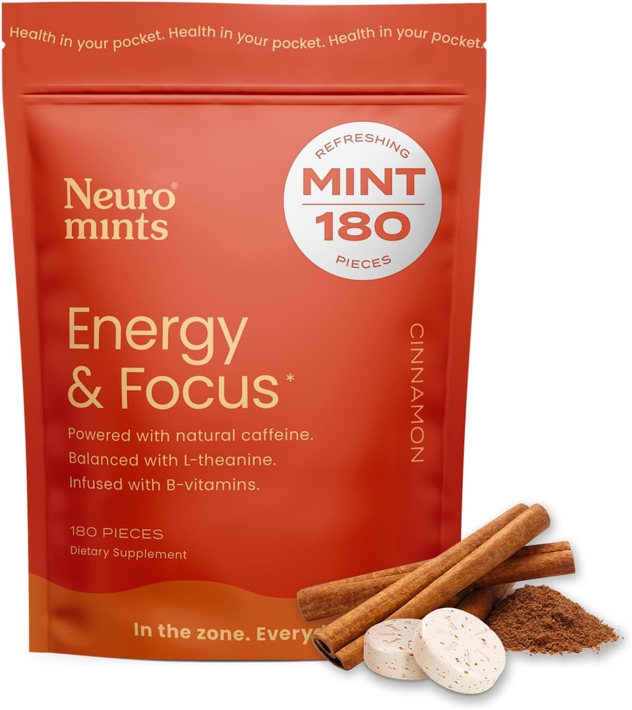 NeuroGum Energy Caffeine Mints (180 piezas) - Azúcar gratis con L-theanine + Caffeine natural + vitamina B12 &amp; B6 - Nootropic Energy & Focus Supplement for Women &amp; Men - Keto & Vegan, Cinnamon Flavor