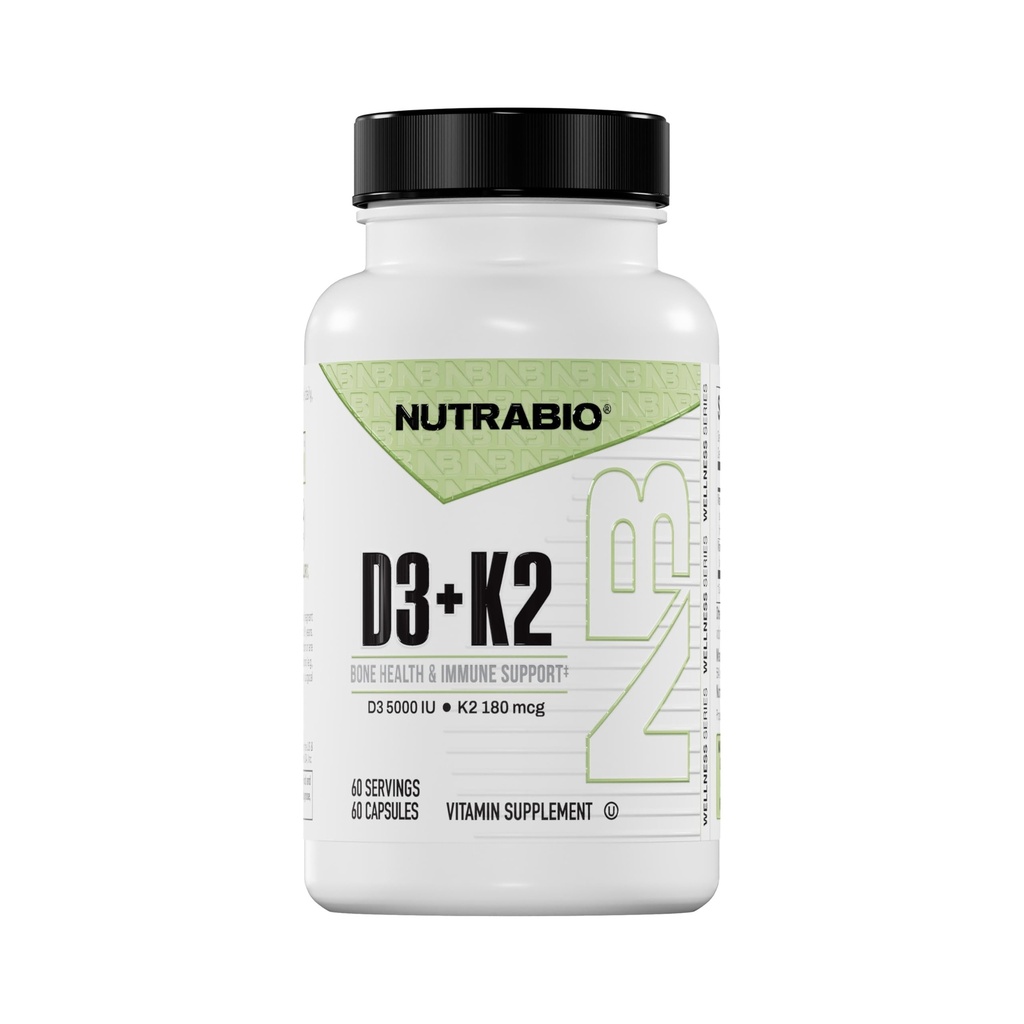NutraBio Vitamina D3 K2 ← 5000 UI D3 como Cholecalciferol con vitamina K2 como MENA-Q MK7 (180mcg) ← Ayuda Bone and Heart Health ← Non-GMO, Gluten Free, Lactose Free ← 60 cápsulas vegetales