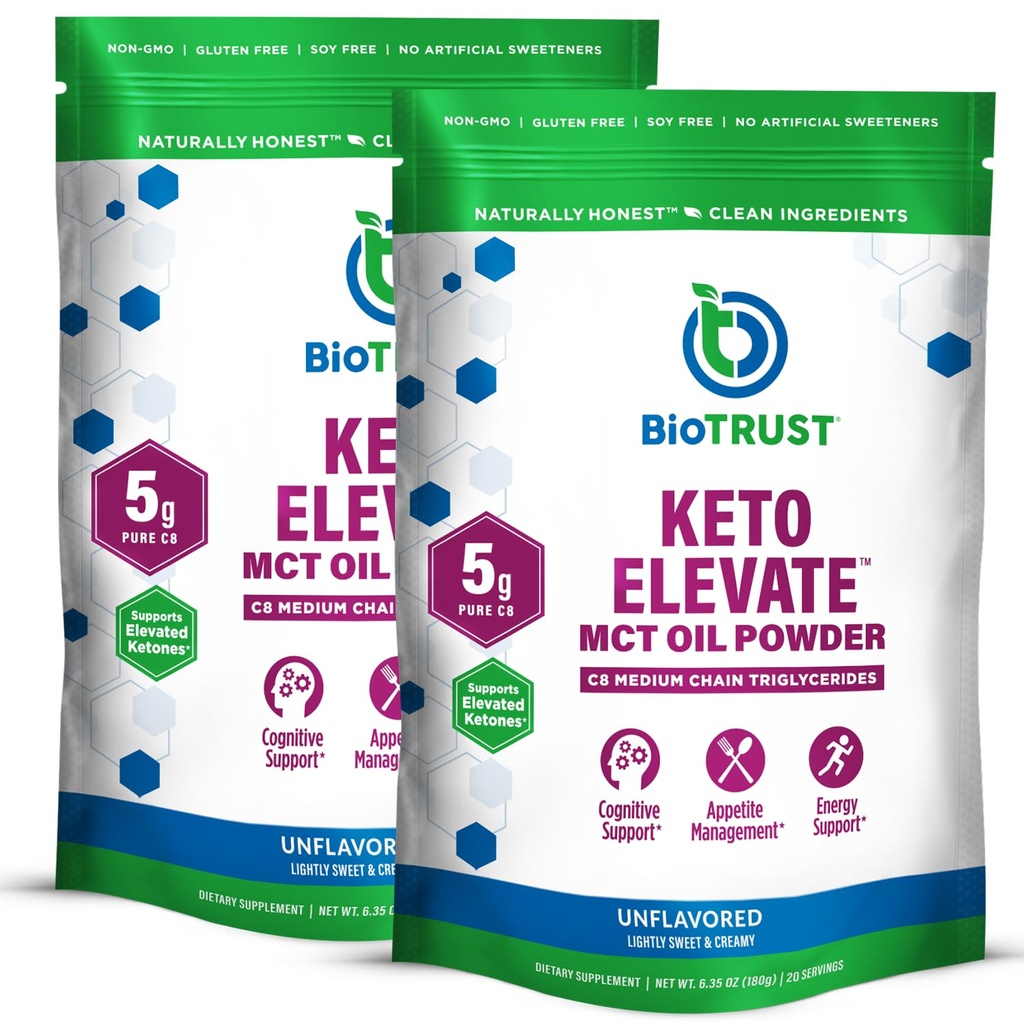 BioTrust Keto Elevate – C8 MCT Oil Powder – Ketogenic MCT Coffee Creamer, Keto Coffee Creamer – Clean Energy, Mental Focus " Clarity – 100% Caprylic Acid MCT Powder, Non-GMO (Unflavored, 40 Servings)