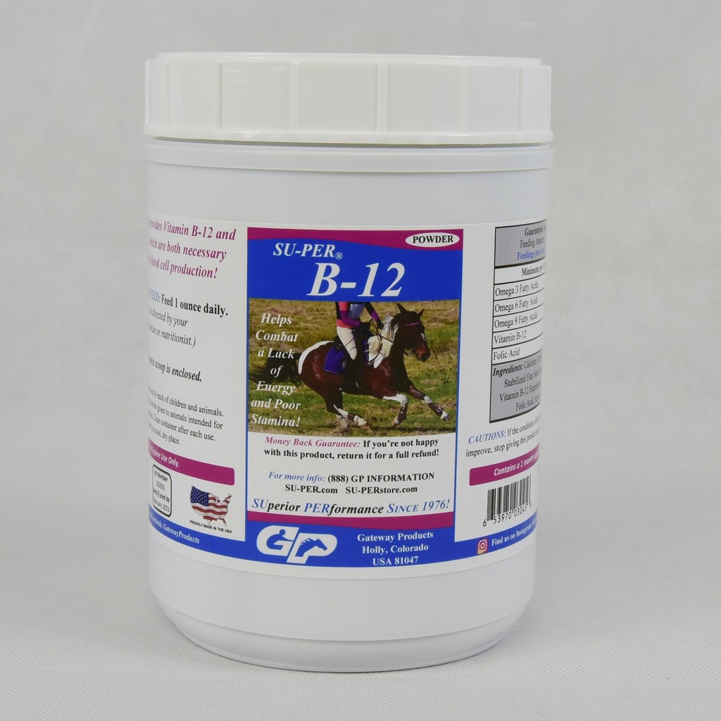 SU-PER B12 for Horses - Equine Vitamins B-12 &amp; B-9 Folic Acid Support Powder - Energy Horse Supplement - 2.5 Pounds, (2 Pack)