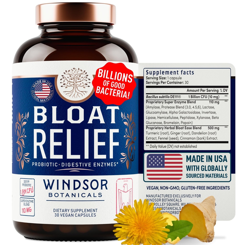 Bloat Relief Probiotic and Digestive Enzymes - Anti Bloating Turmeric, Fennel, Bromelain IBS Suplemento - Detox Debloat Capsules Gas - Bloating Relief for Women and Men - 30 Gut Health Pills