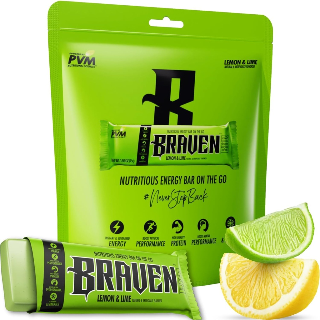 Bar Braven Bar Lemon Lime Energy Bar (1.59 oz, Pack of 10) – Energy Chews with 5g Protein – On-the-Go Energy Snacks for Running, Hiking, and Sports - Gluten Free Snacks for Sustained Energy Boost