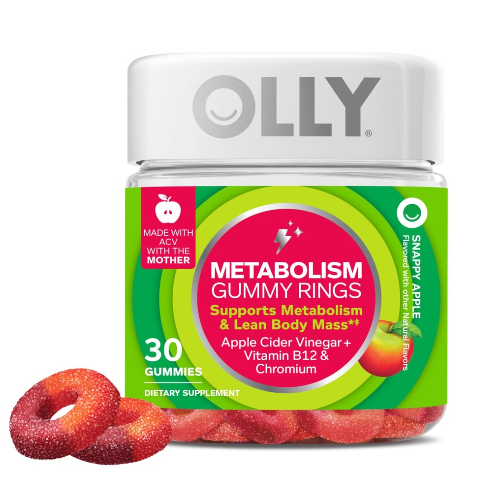 OLLY Metabolism Gummy Rings, Apple Sider Vinegar, Vitamina B12, Cromo, Energía y Salud Digestiva, Suplemento Chewable, Apple Flavor - 30 Conde