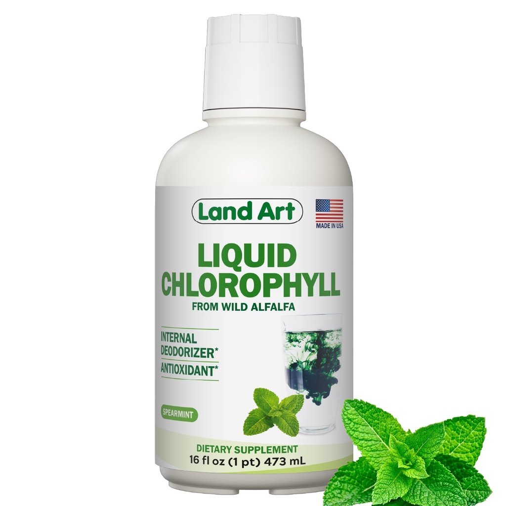 Land Art - Liquid Chlorophyll Mint – Cold-Extracted from Wild Non-GMO Alfalfa – Natural Clorofila Liquida – Antioxidante - Detox Supplement – Boost Energy – Alkalizing & Body Odor Neutralizer – 16 floz