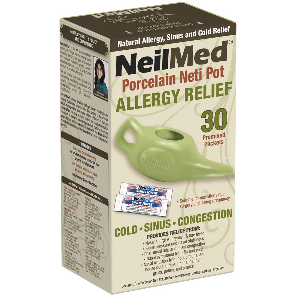 NeilMed Classic Porcelana Neti Pot Green con 30 paquetes premixed