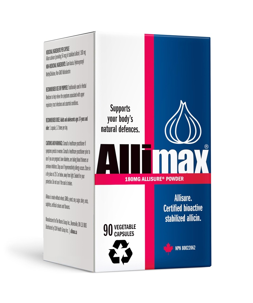 ALLIMAX 180mg 90 cápsulas. Suplemento de ajo de alicina para apoyar la función inmunitaria de su cuerpo. Contiene estabilizado y Potent Bioactive Allicin, extraído del ajo cultivado español limpio y sostenible.