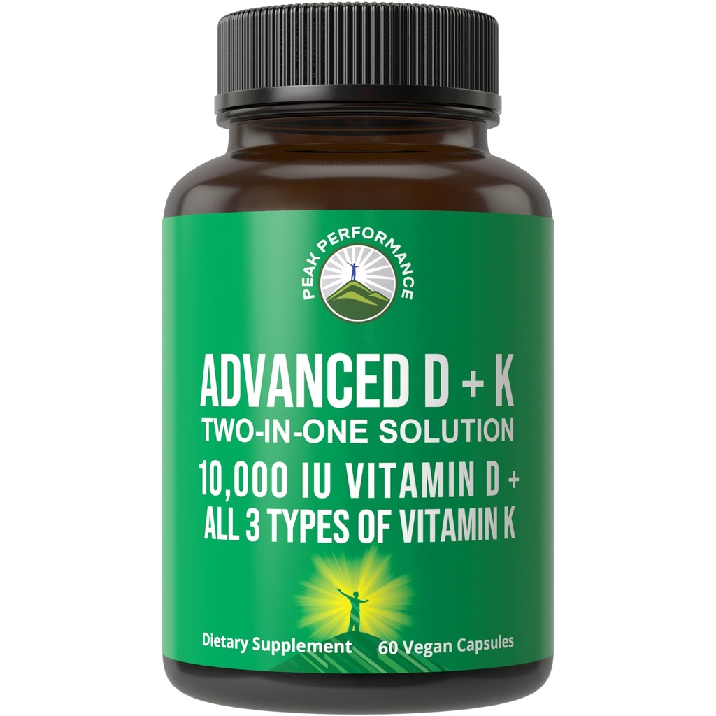 Rendimiento del pico Vitamina D 10000 UI con todos los 3 tipos de vitamina K - 10.000 vitamina D3 y vitamina K2, K1, MK-7 (MK7), MK4 cápsulas Suplemento - 60 pequeñas y fáciles de absorber píldoras