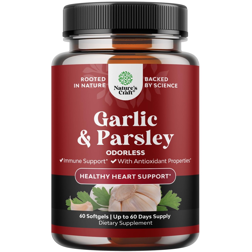 Softgels concentrados de ajo sin olor - Parsley Extract " Aged suplementos de ajo para la salud circulatoria, la digestión, soporte inmunitario " Liver Detox - Parsley Softgels for Gut Support - 60 Ct