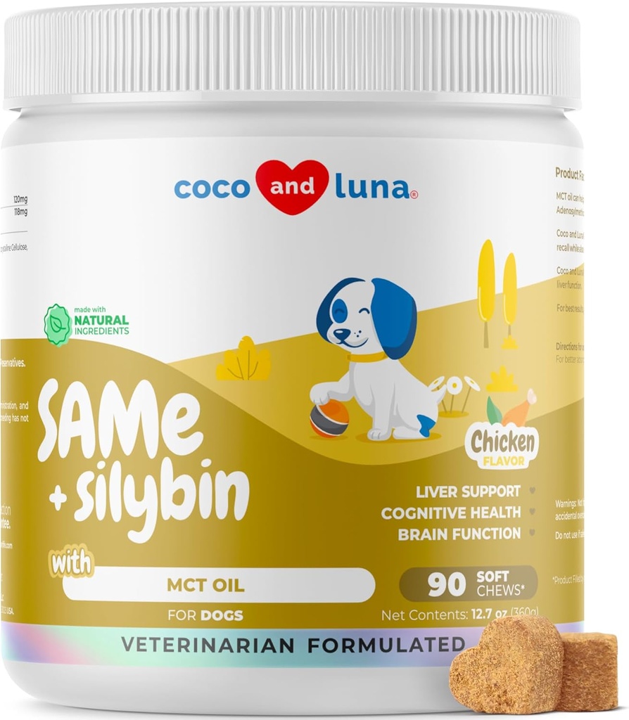 Lo mismo para perros - 90 cerdas blandas - S-Adenosyl-L-Methionine, Suplemento del hígado - Salud cerebral, promueve el apoyo cognitivo, soporte para hígado (Same &amp; Silybin Soft Chews)