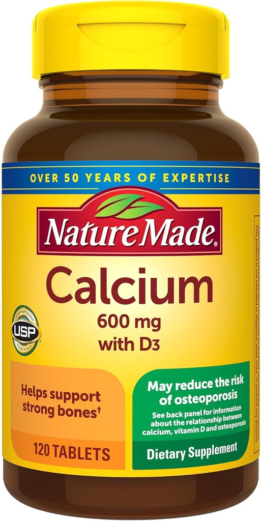 Nature Made Calcio 600 mg con vitamina D3, Suplemento dietético para el soporte de huesos, 120 Tabletas (Pack of 3)