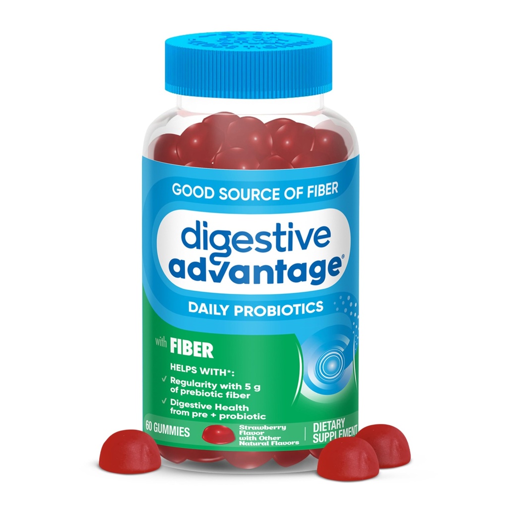 Beneficios Digestivos Gummies de fibra prebiótica + Probióticos para Gut Health, 5g Fiber prebiótico Plus 1 billón CFU Probiótico, soporta Salud Digestiva & Regularidad, (60ct Bottle) Flavor de fresa*