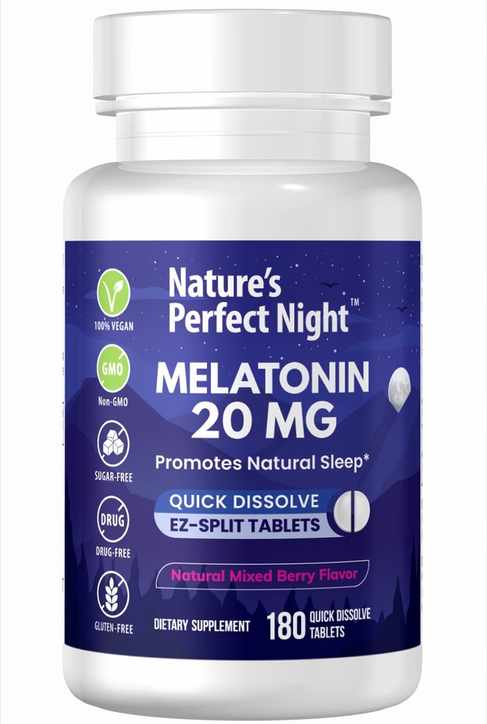 La noche perfecta de la naturaleza ← Melatonin 20mg  180 Quick Dissolve Tablets  Natural Mixed Berry Flavor ANTEHigh Potency  durable Sugar Free ← Vegan TEN Gluten Free ← Tamaño