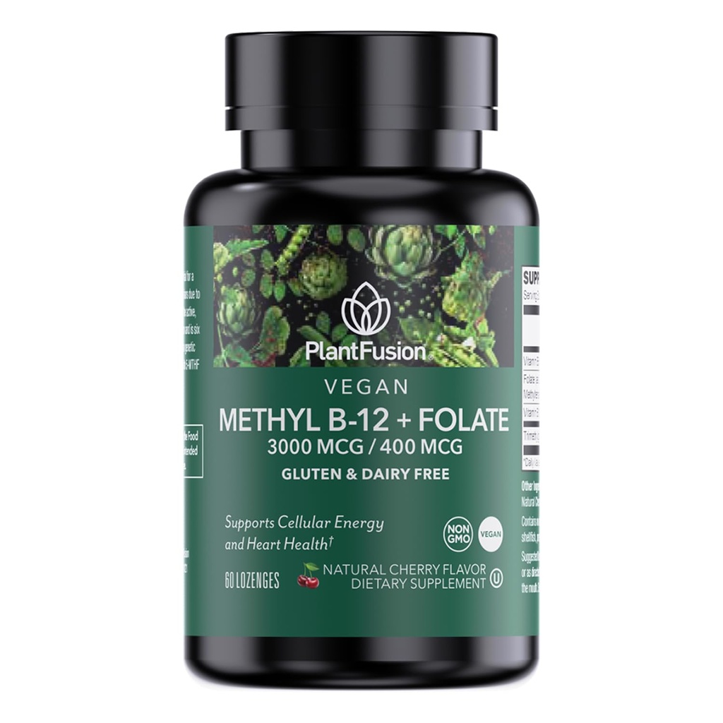Complejo de vitamina B confeccionada por la plantaFusión – Vegan B12 3000mcg, Vegan Methylfolate (5-MTHF) 400mcg, B6 &TMG – Cherry-Flavored Lozenges – 60 Con