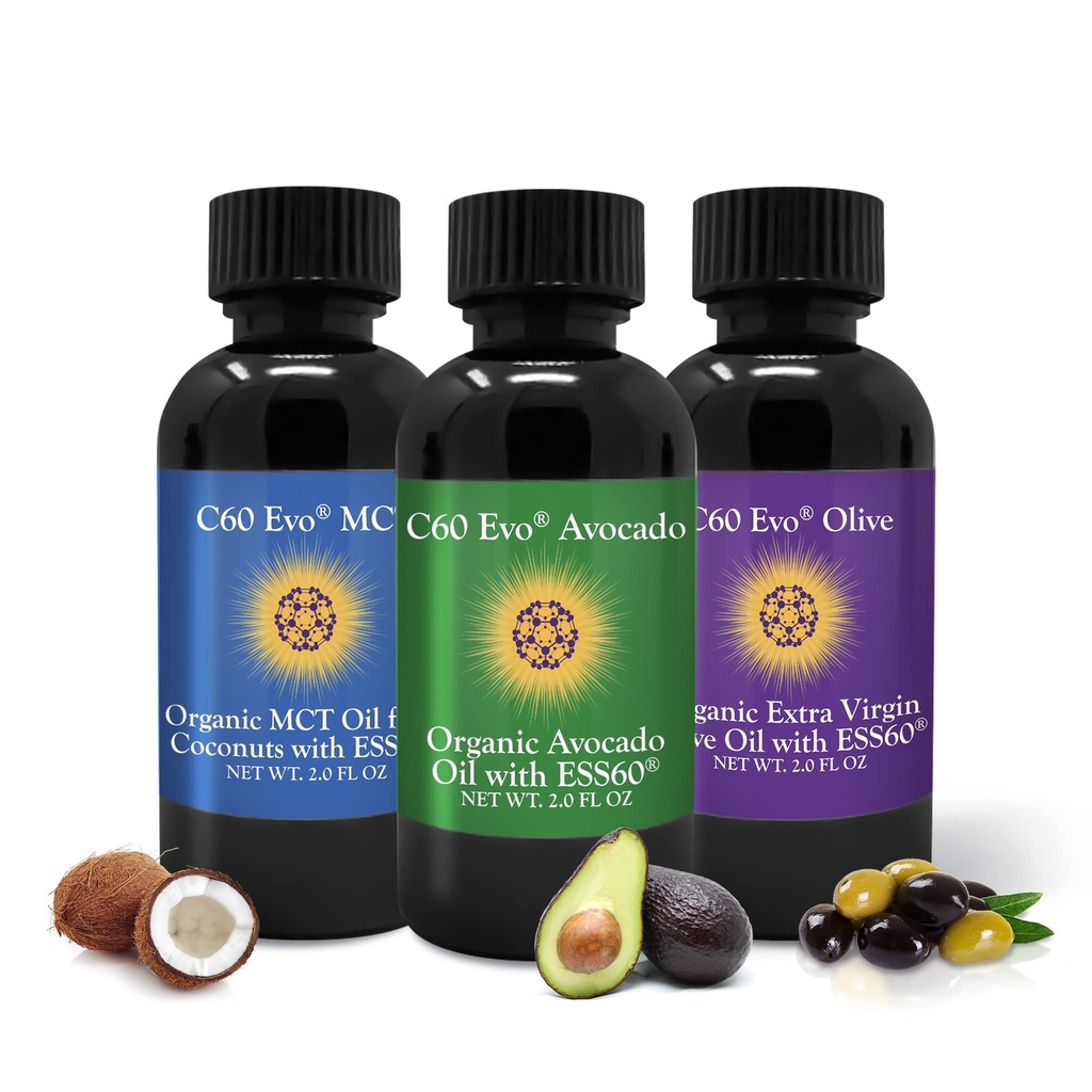 C60 Evo All-Natural Edible Oils, Mini Oil Sampler Set con puro C60 ESS60, Immune Support y Suplemento de Soporte Conjunto con aceite de oliva, aceite de aguacate y aceite de coco MCT, Conjunto de 3, 2 oz