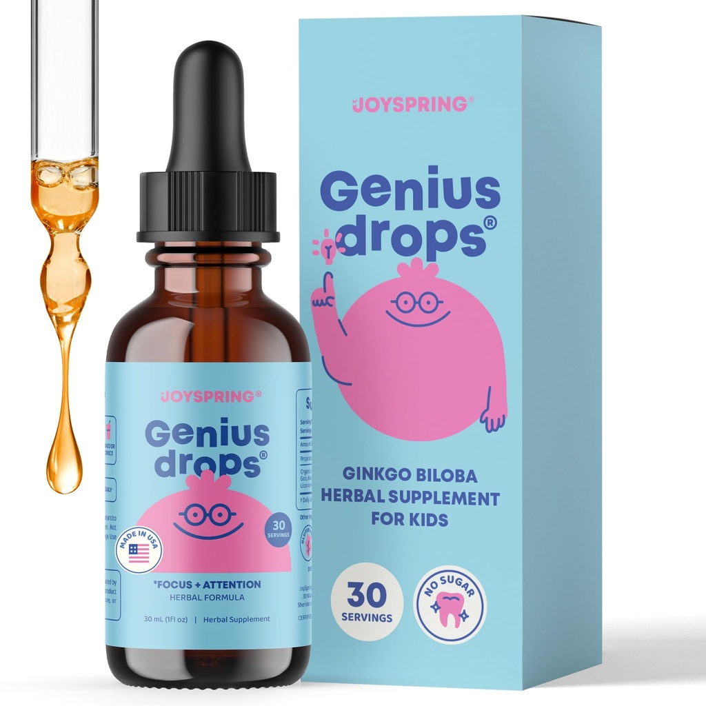 JoySpring Genius Drops for Kids ← Clínicamente Provenido Suplemento de enfoque Silencioso líquido Herbal Focus Suplemento con Ginkgo Biloba para niños (1 fl oz) 30 Servimientos