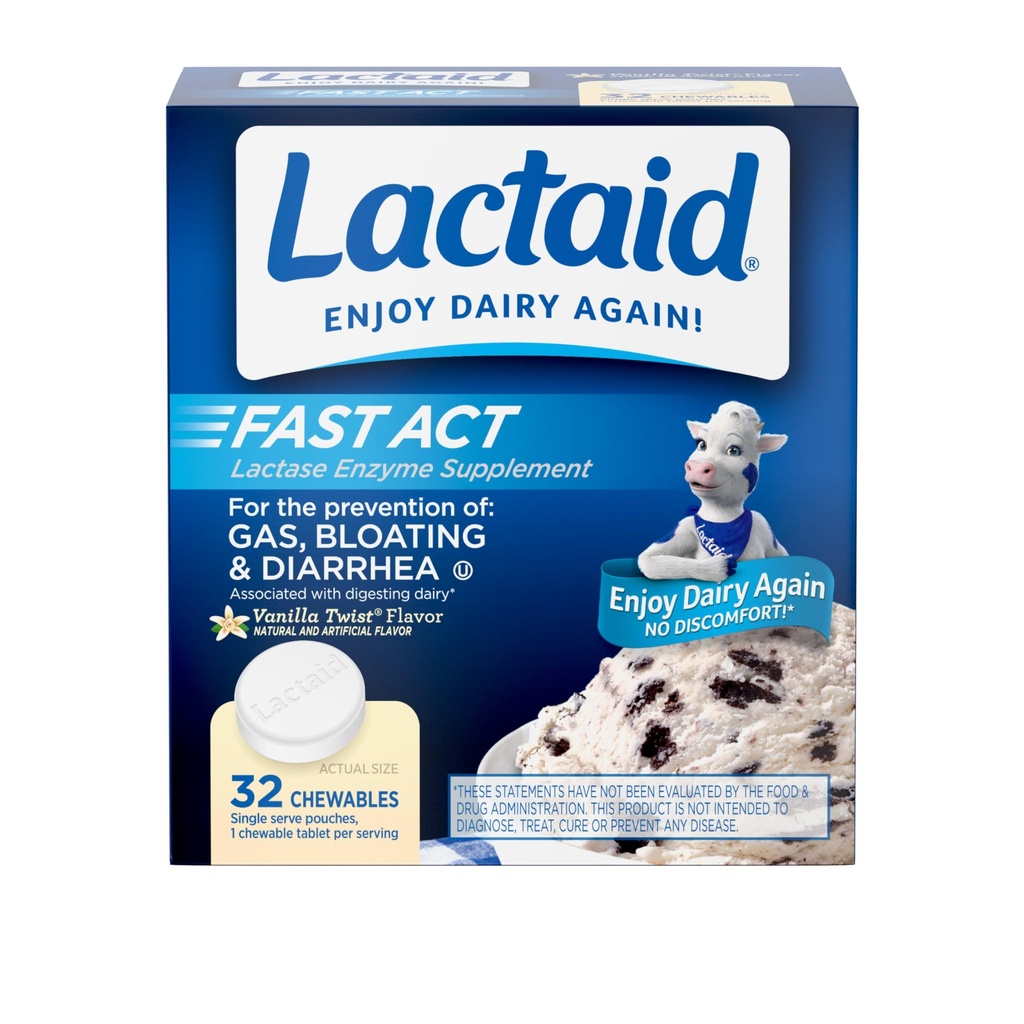Lactaid Fast Act Lactose Intolerance Relief Chewables with Natural Lactase Enzyme to Prevent Gas, Bloating & Diarrhea Debido a la sensibilidad lactosa, On-The-Go, Vanilla Twist Flavor, 32 x 1 ct