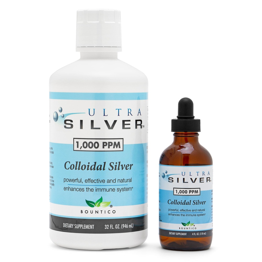 Ultra Silver® Colloidal Silver ← 1000 PPM, 32 Oz (946mL) vivieron Suplemento Mineral Silencio Verdadero Plata Colloidal - 4 oz Botella de gotero (Empleado) Incluido para dispensar!