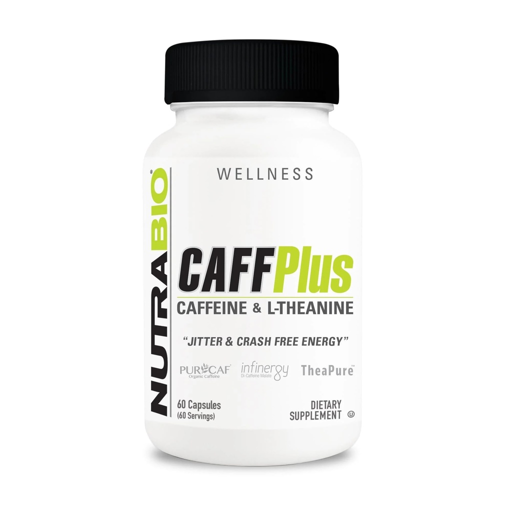 NutraBio CaffPlus, Caffeine de doble fuente con Theanine for Healthy Energy Boost - 60 cápsulas vegetales