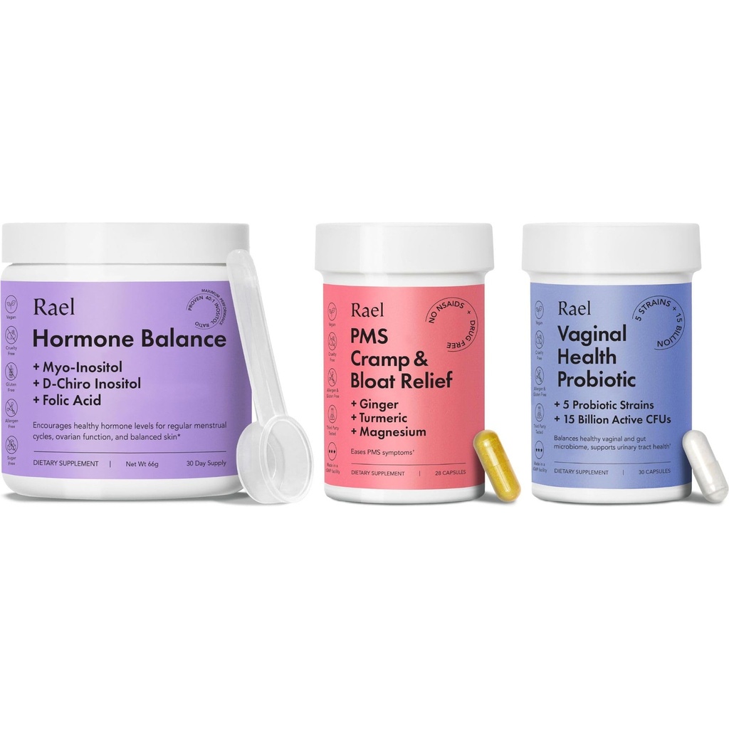 Rael Supplement for Women Bundle - Hormone Balance, Myo-Inositol & D-Chiro Inositol (30 Day Supply) " Probiotics, 15 Billion CFU (30 Day Supply) " PMS Supplement (28 Capsules)