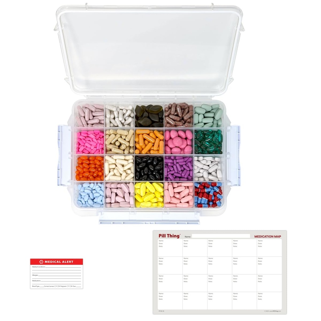 20 Compartimiento Caja de gran pill con sello Airtight - Caja de med impermeable de gas de silicona con mapa de medicamentos (20 Compartimiento, 1 Pack)