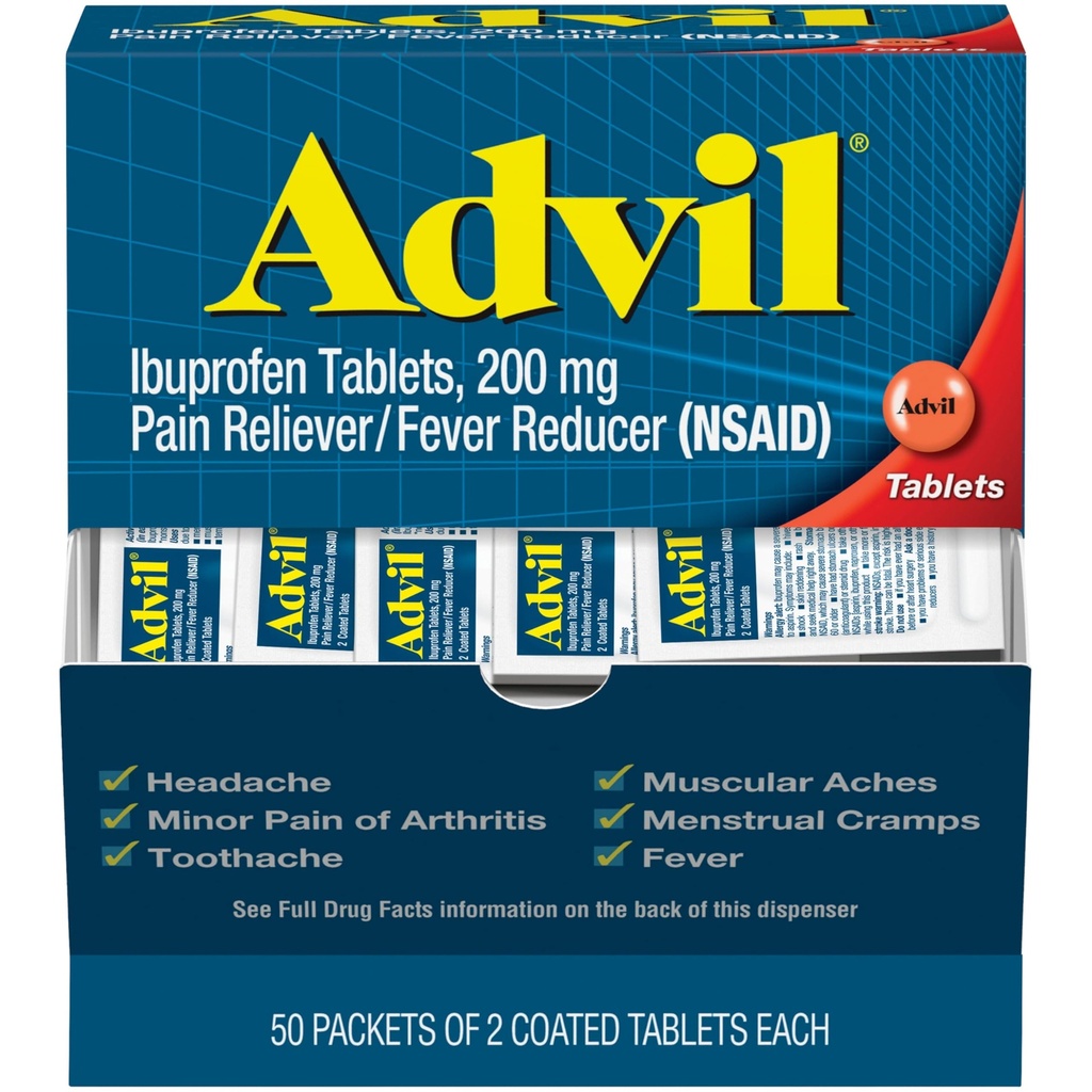 Alimentador de Dolor Advil y Reductor de Fiebre, Medicamento de Alivio de Dolor con Ibuprofeno 200 mg para Dolor de Cabeza, Dolor, Dolor Menstrual y Alivio de Dolor Conjunto - 50x2 Tablas Coadas