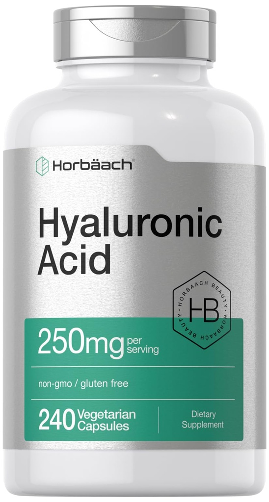 Cápsulas de ácido hialurónico de Horbäach TENIDO 250 mg TEN 240 Conteo TENIDO NO GMO Y Gluten Suplemento gratuito