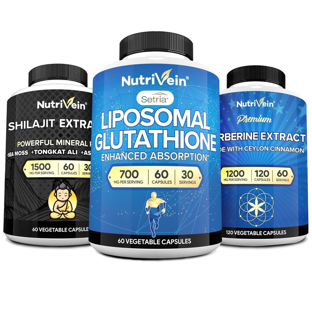 Nutrivein Premium Shilajit Capsules, Liposomal Glutathione Suplemento, " Berberine Supplement Bundle: Berberine, Glutathione, " Shilajit Capsules for Men " Women - Metabolism, Vitality, " Balance