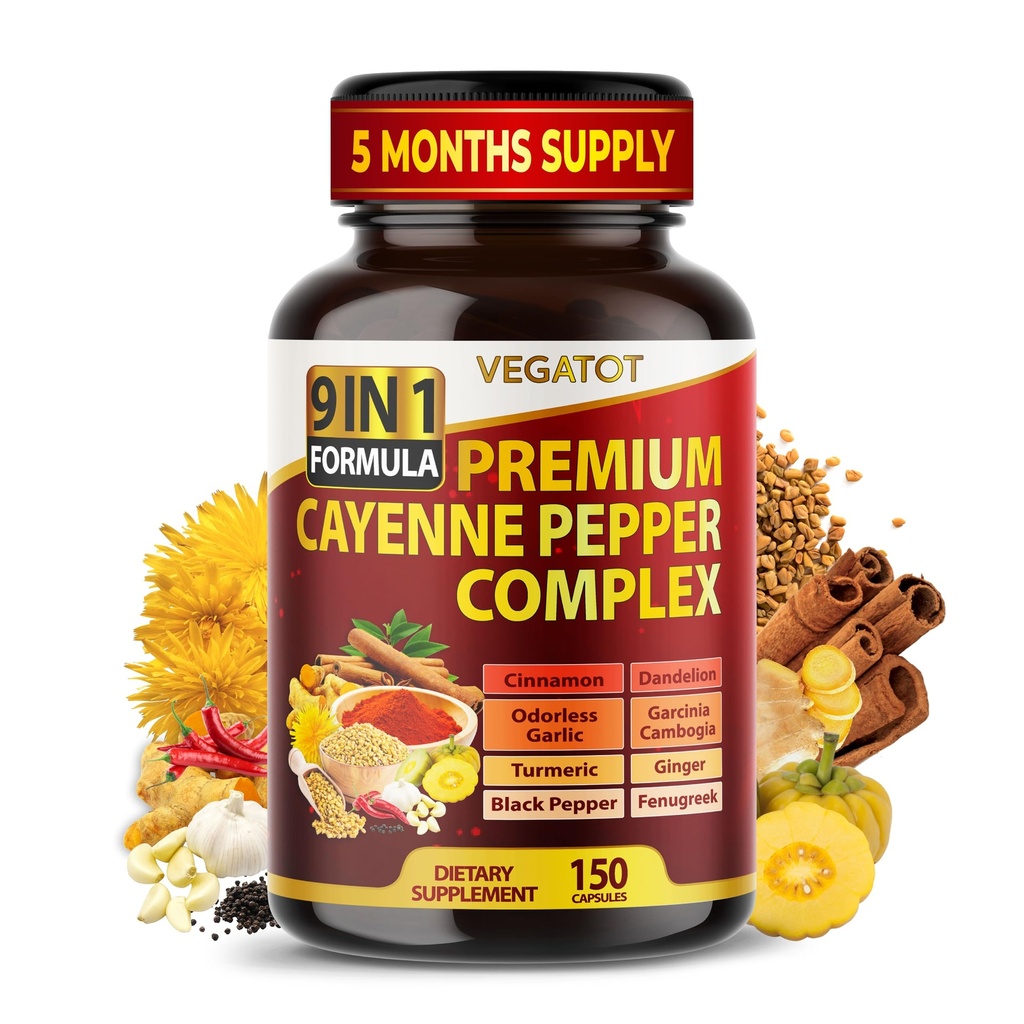 Complejo Orgánica Cayenne 9IN1 con canela, jengibre, Turmérica para la salud general, sistema inmunológico, bienestar de la digestión (150 conde (Pack of 1))