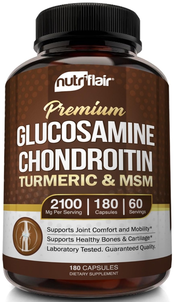 NutriFlair Glucosamine Chondroitin Turmeric MSM Boswellia, 180 Capsules - Suplemento de Confort Conjunto - Natural &amp; No-GMO - Píldoras Antioxidantes - Soportes Atrás, Mangos, Manos, Juntas, Cartilaje