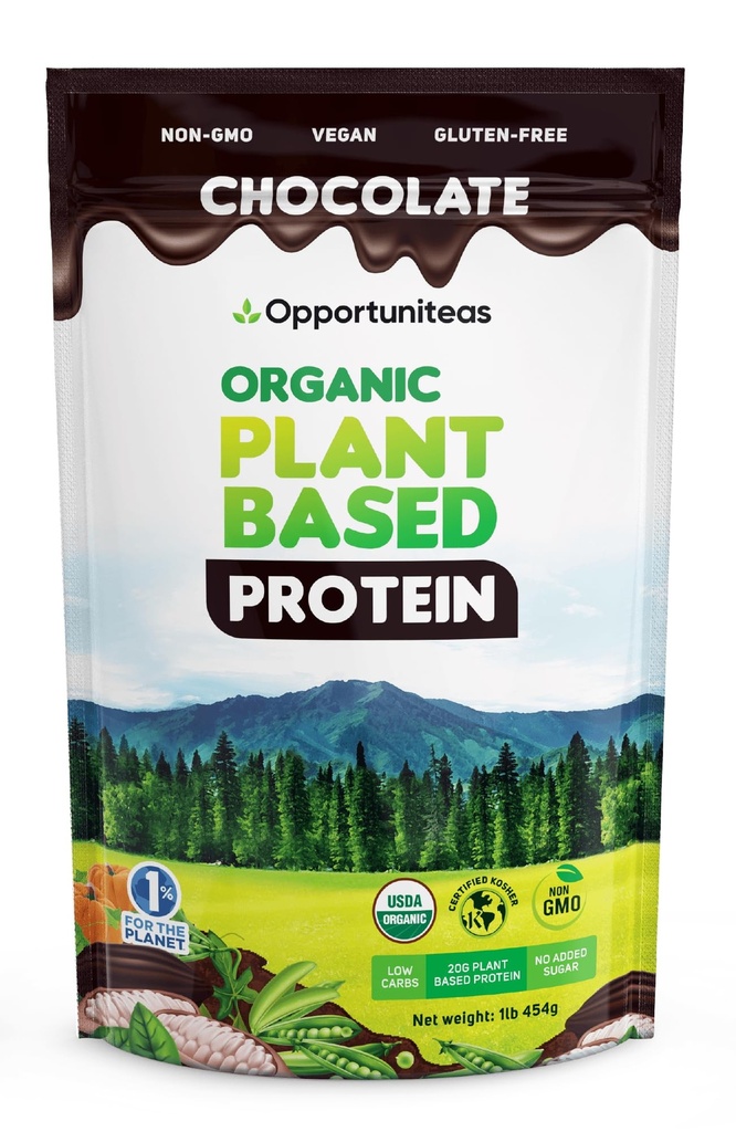 Opportuniteas Pólvora de Proteína orgánica, 20g Proteína vegana de Pea, Calabaza y Arroz, No Azúcar, No GMO, Libre de gluten, Chocolate Creamy, 1 lb