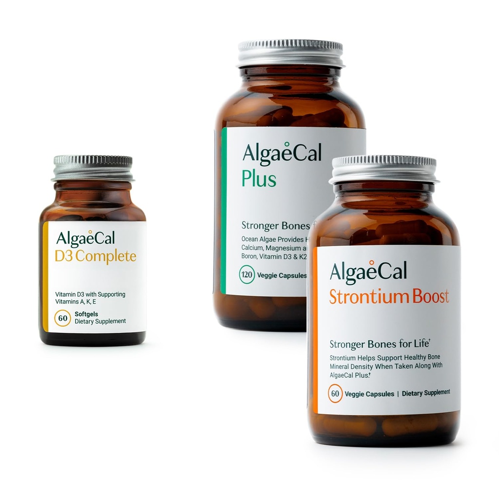 ALGAECAL Bone Health Bundle - D3 Complete (1000 IU) + K2, Vitamina E, Vitamina A " Calcium basado en plantas Apoyo clínico para aumentar la densidad de huesos