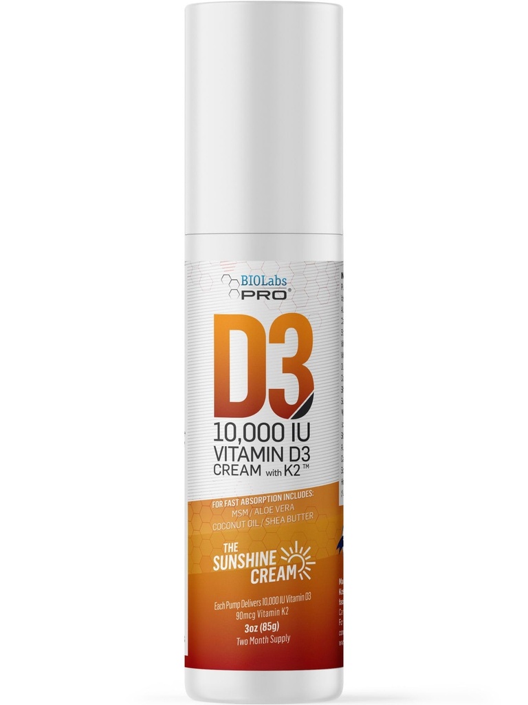 BIOLABS PRO All Natural Vitamina D3 10000IU Vitamina D Cream - Maximum Strength - Fight Vitamin D Deficiency Naturalmente - con Vitamin K2 &amp; Olive Leaf Extracto - Seguro &amp; Efectivo (10.000IU - 3.0oz)