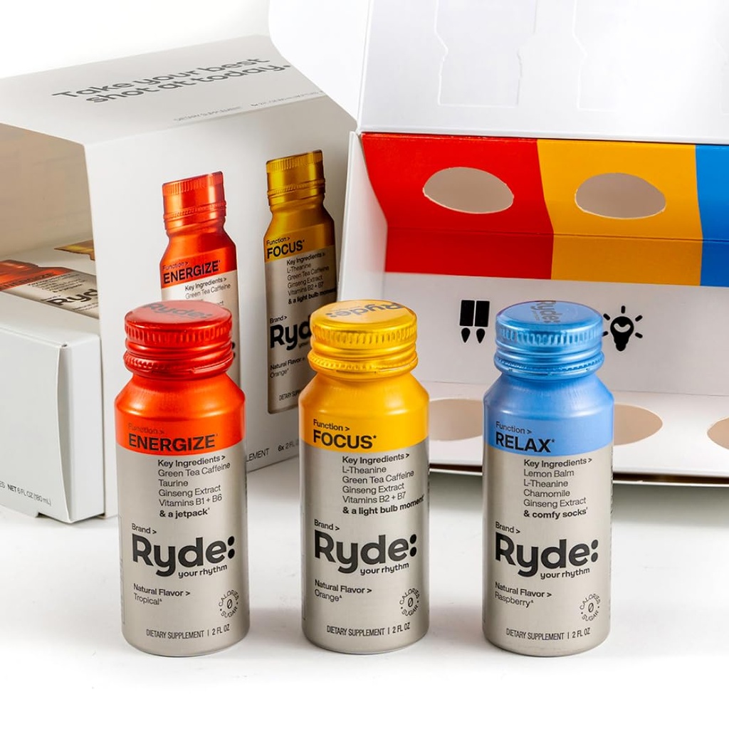 RYDE: Discovery Pack ← Energize, Focus " Relax Shots TEN Green Tea Caffeine, Taurine, Ginseng, B Vitaminas, L-Theanine, Lemon Balm, Chamomile ANTE 0 Calories, 0 Sugar ← Variedad Pack – Try Them All (6 Pack)