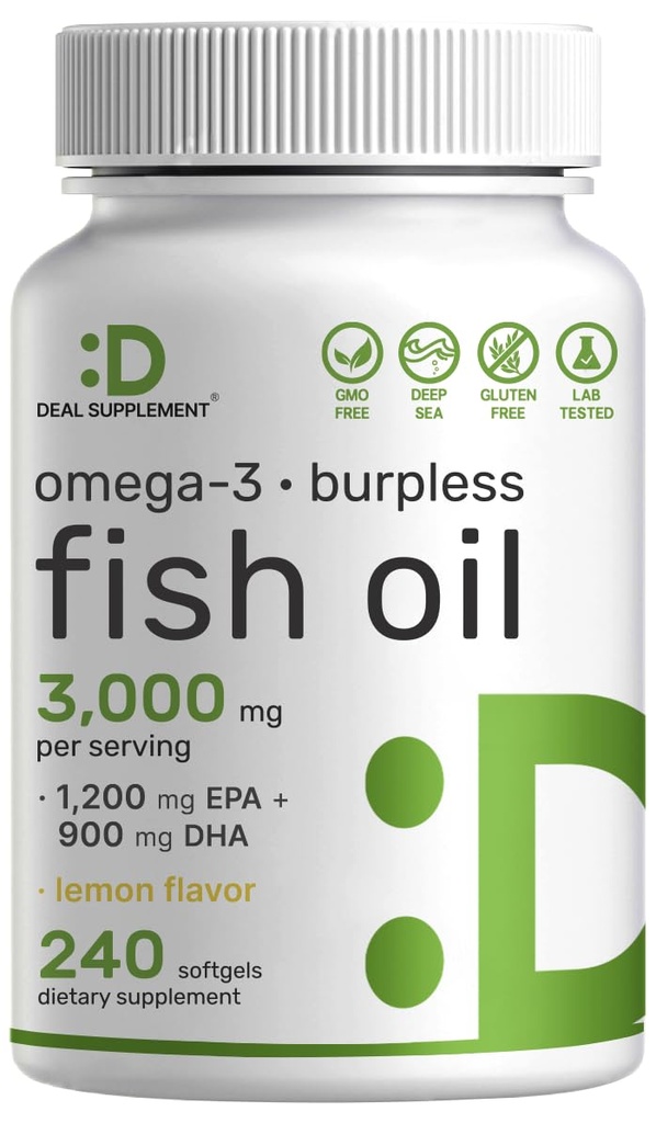 SUPLEMENTO DEAL Omega 3 Suplementos de aceite de pescado, 3000 mg por ser, 240 Softgels – EPA 1,200 mg + DHA 900 mg – Píldoras de Burpless, Sabor de limón, Wild Caught – Brain & Heart Support – Mercury Free, Non-GMO