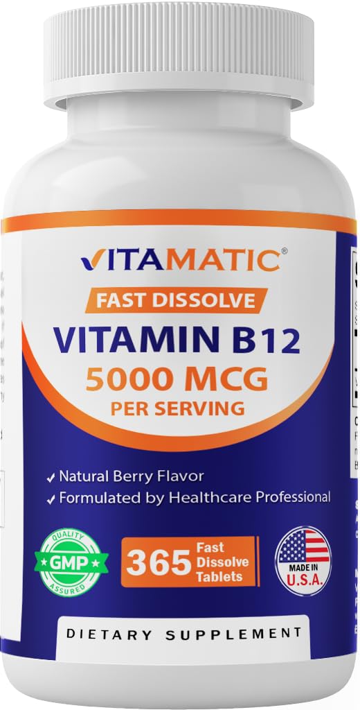 Vitamatic Vitamina B12 5000 mcg – 365 Fast Dissolve Tablets Berry Flavor – Supports Energy Production " Nervous System Health – Non-GMO, Gluten-Free