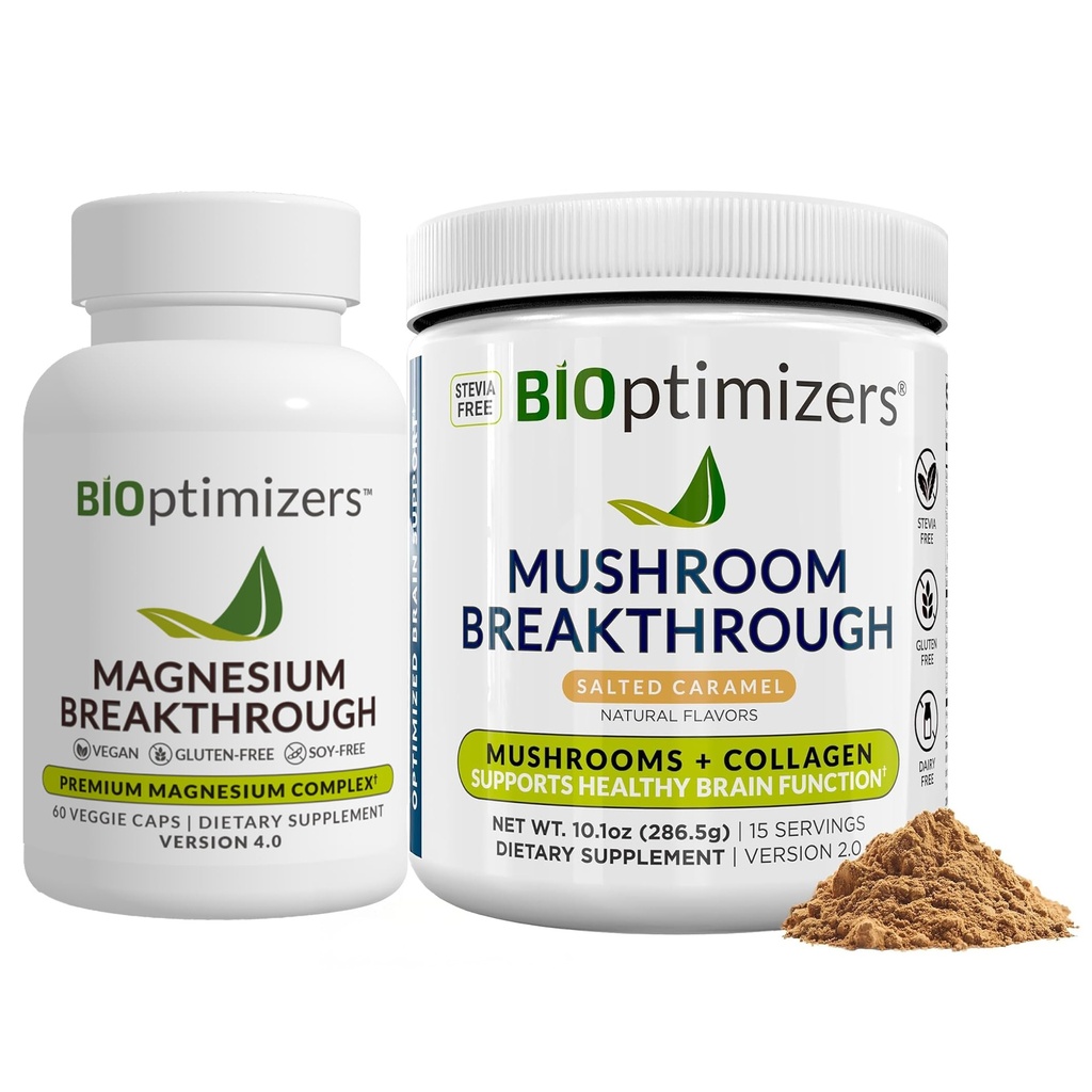 BiOptimizers Magnesium Breakthrough 4.0, (60 Capsules) & Mushroom Breakthrough Powder (Salted Caramel, 15 Servings) - Natural Sleep and Brain Superfood &amp; Supplement Bundle