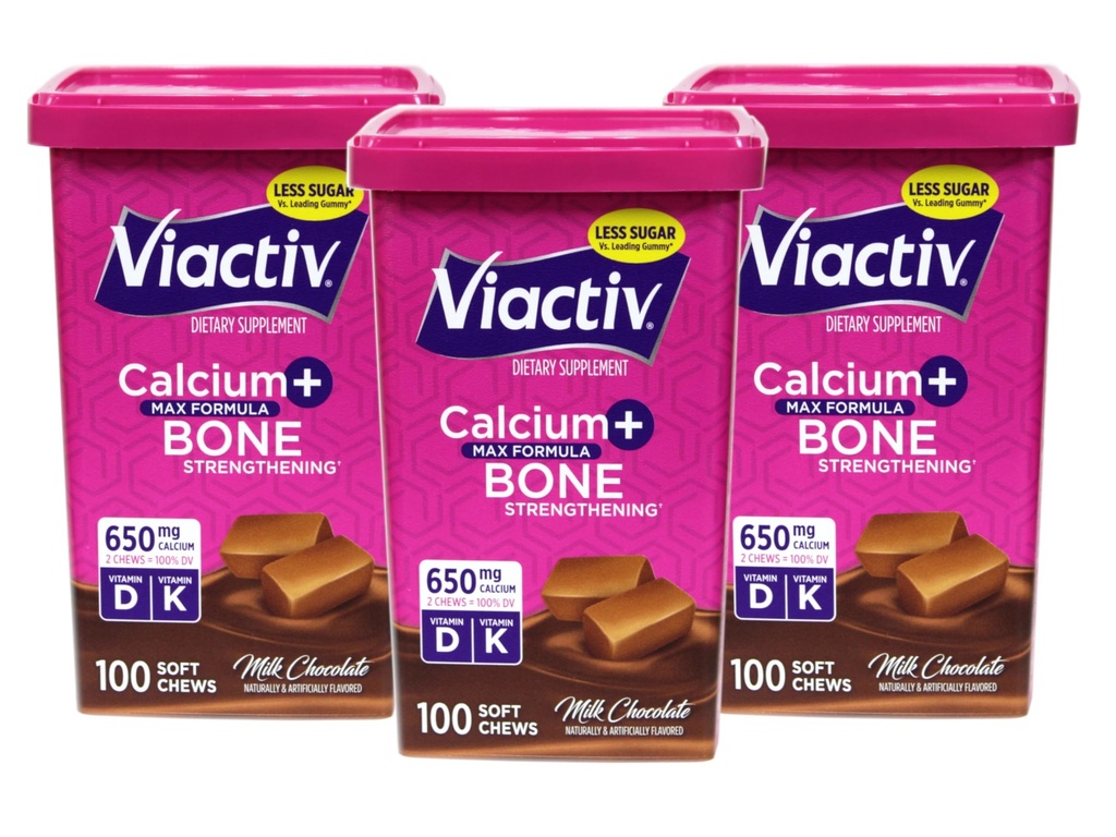Viactiv Max Fórmula Calcio +Vitamin D3 Suplemento para la leche de bonificación Chocolate, 100 cerdas suaves - 3 Pack
