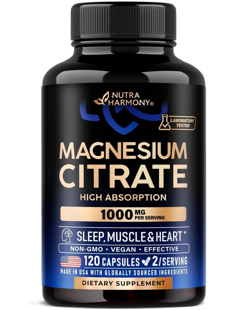 Magnesium Citrate Capsules 1000mg ← High Absorption Supplement - Sleep, Muscle & Heart Support - Vegan ← Non-GMO - Made in USA - As Powder  durable Pills - 120 Capsules, 2 Month Supply