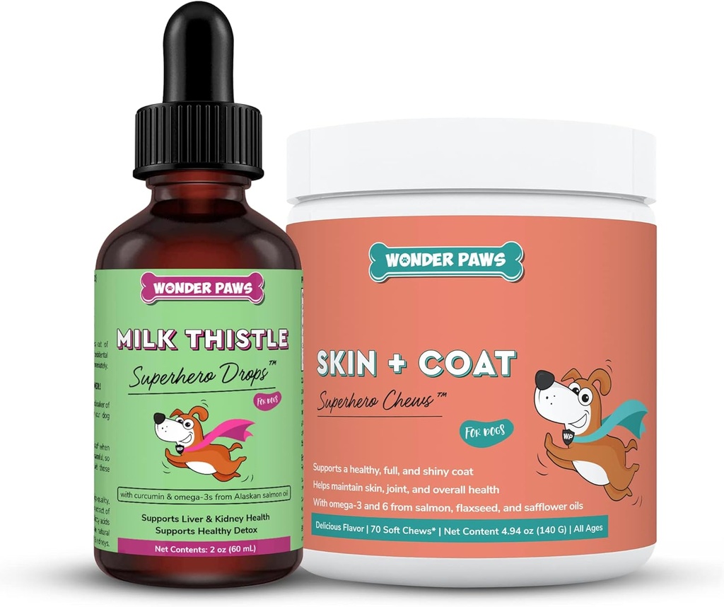 WONDER PAWS Milk Thistle Drops Plus Skin + Coat Soft Chews - para perros Liver y Kidney Support, Detox &amp; Skin and Coat Health - Milk Thistle 2 Ounces - Skin + Coat 70 Chews
