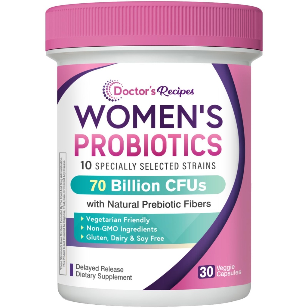 Recetas del doctor Probióticos para Mujeres, Prebióticos Orgánicos y Probióticos, 70 Billones CFU, 10 Strains, Estable de Estante, 30 cápsulas