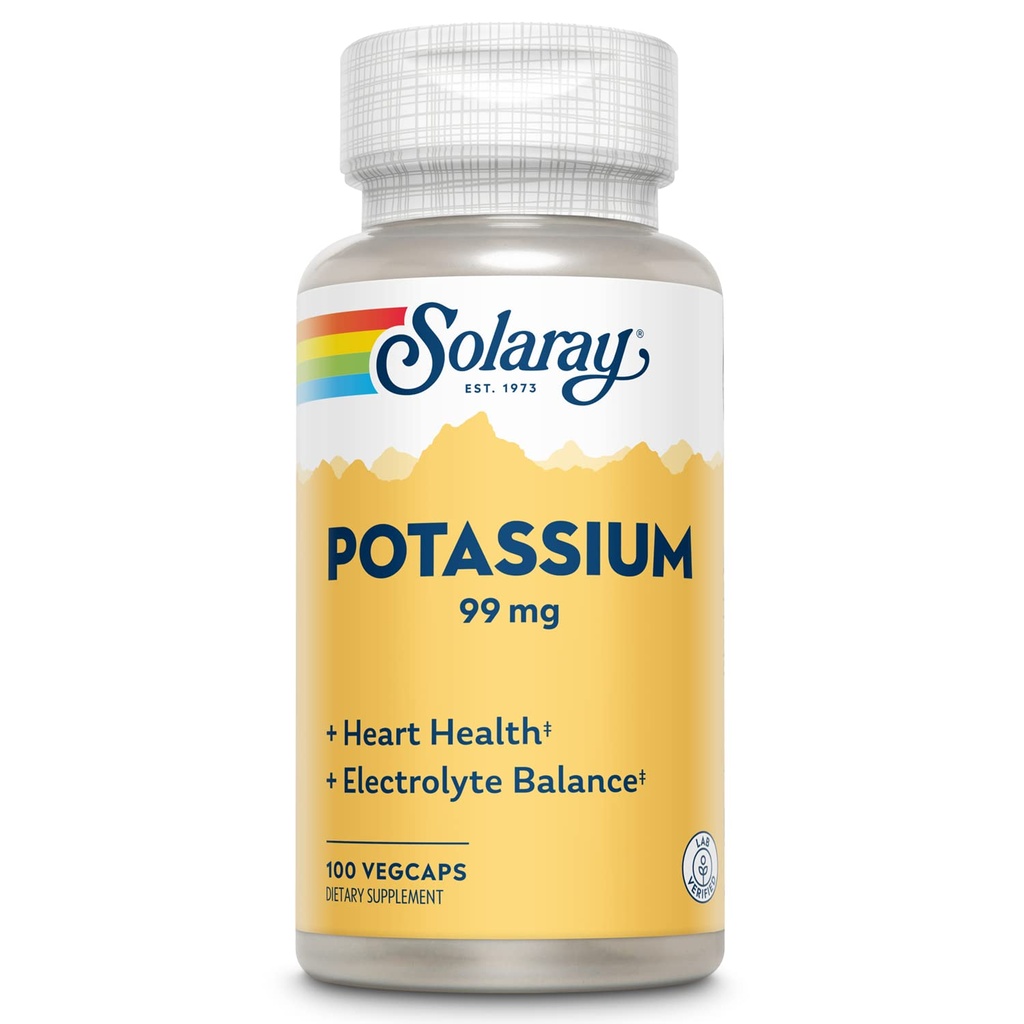 Solaray Potassium 99 mg - Electrolyte Balance Fórmula - Suplemento de Potasio para Electrolitos, Vascular y Heart Health Support - Garantía de devolución de dinero de 60 días, Lab Verified, 100 Servimientos, 100 VegCaps