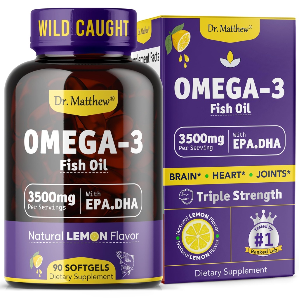 Petróleo de Pesca Omega-3, 3500 mg, EPA Alto &amp; DHA – No Fishy Taste, Fácil de Tragar, Burpless, Lemon Natural – Apoya el Corazón, Cerebro &amp; Salud Conjunta – 90 Softgels – Wild Caught.