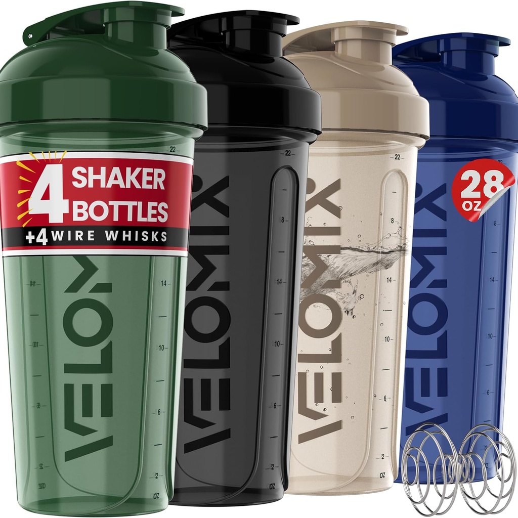 VELOMIX -4 PACK- 28 oz Shaker Cups for Protein Shakes - 4x Wire Whisk  Leak Proof Protein Shaker Botellas para Protein Mixes ← Protein Shaker Bottle Pack ← Mixer for Protein Shakes (Forest Edge)