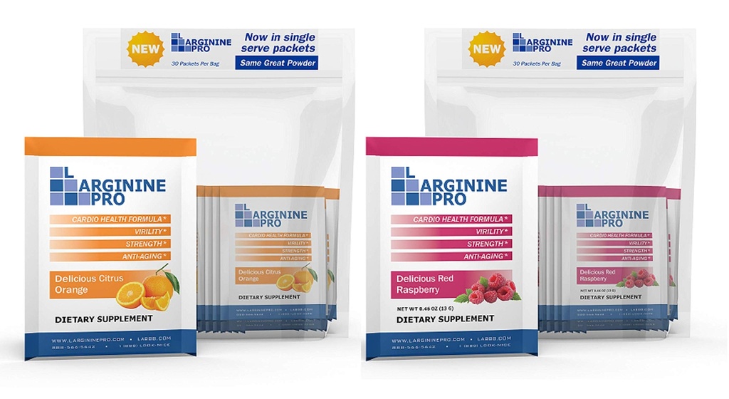 L-ARGININE PRO Suplemento Powder ← 60 Packets Single Serve Travel Size  5,500mg de L-arginine Plus 1,100mg L-Citrulline, Raspberry & Orange