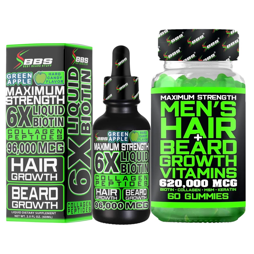 Kit de Crecimiento de barba w / 6X Suplemento BIOTIN líquido con péptidos colágeno + 620.000mcg 14-en-1 BIOTIN Gummies/ Crecimiento de barba Vitaminas " Crecimiento del cabello para hombres - Formulado en América