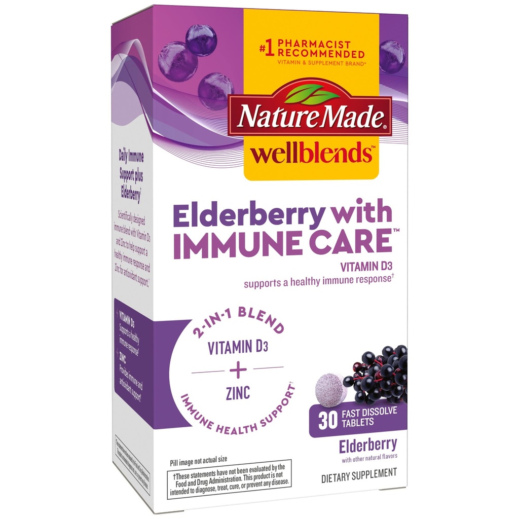 Nature Made Wellblends Elderberry con ImmuneCare, Vitamina D3 y Zinc, con Elderberry Flavor, 30 Tablas rápidas de disuelto