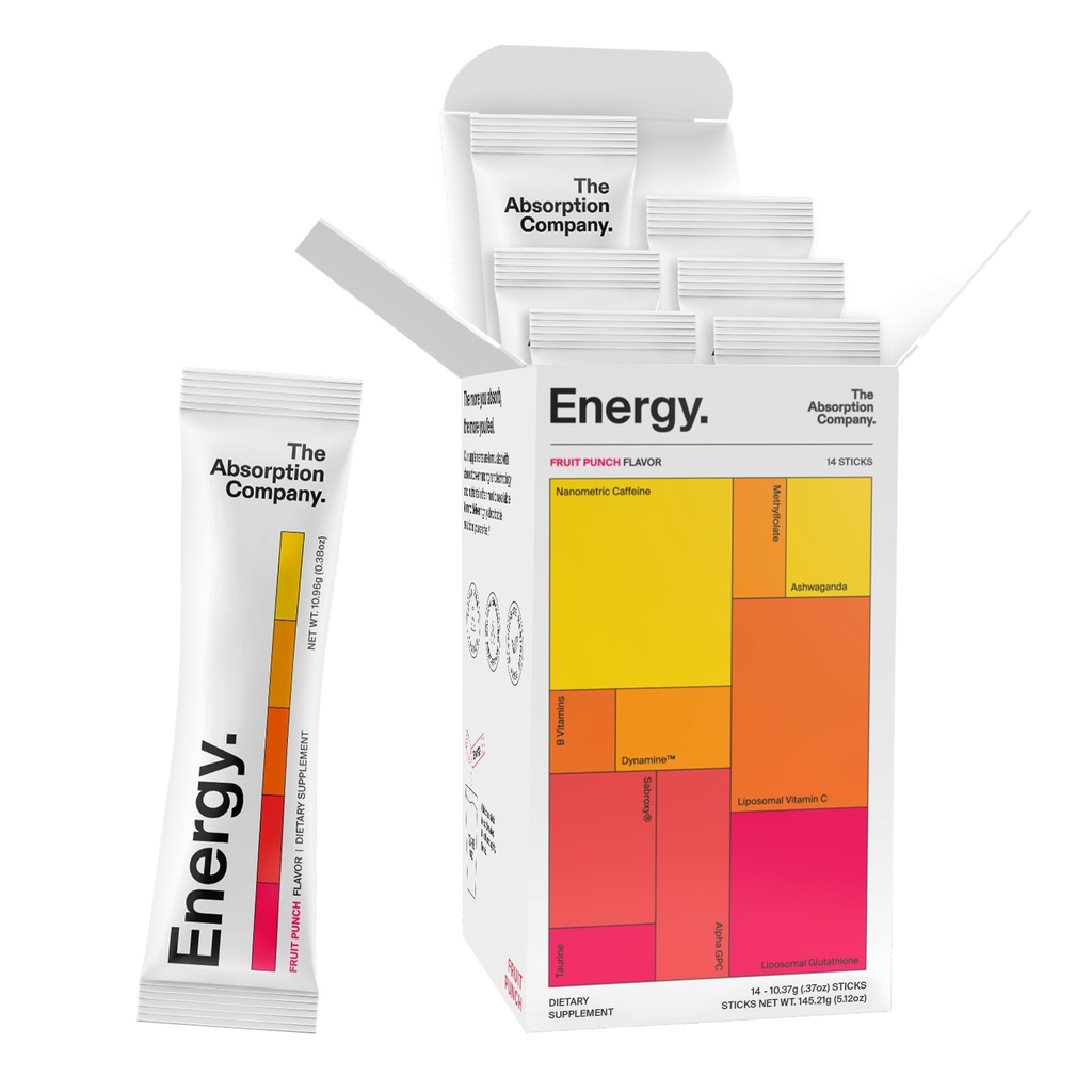 The Absorption Company Energy Drink Powder Mix Packets – Clean Energy Booster to Support Alertness with 150mg Natural Caffeine &amp; Vitamin C – Fruit Punch Flavor, 14 Sticks