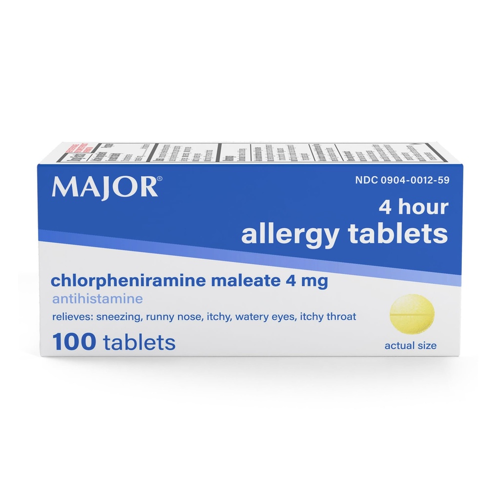 MAJOR 4 Mg Allergy Tablets - Chlorpheniramine Maleate 4-Hour Alergy Medicine - Antihistamine for Relief of Sneezing, Itchy Watery Eyes, Itchy Throat, and Runny Nose - 100 Count (1 Pack)