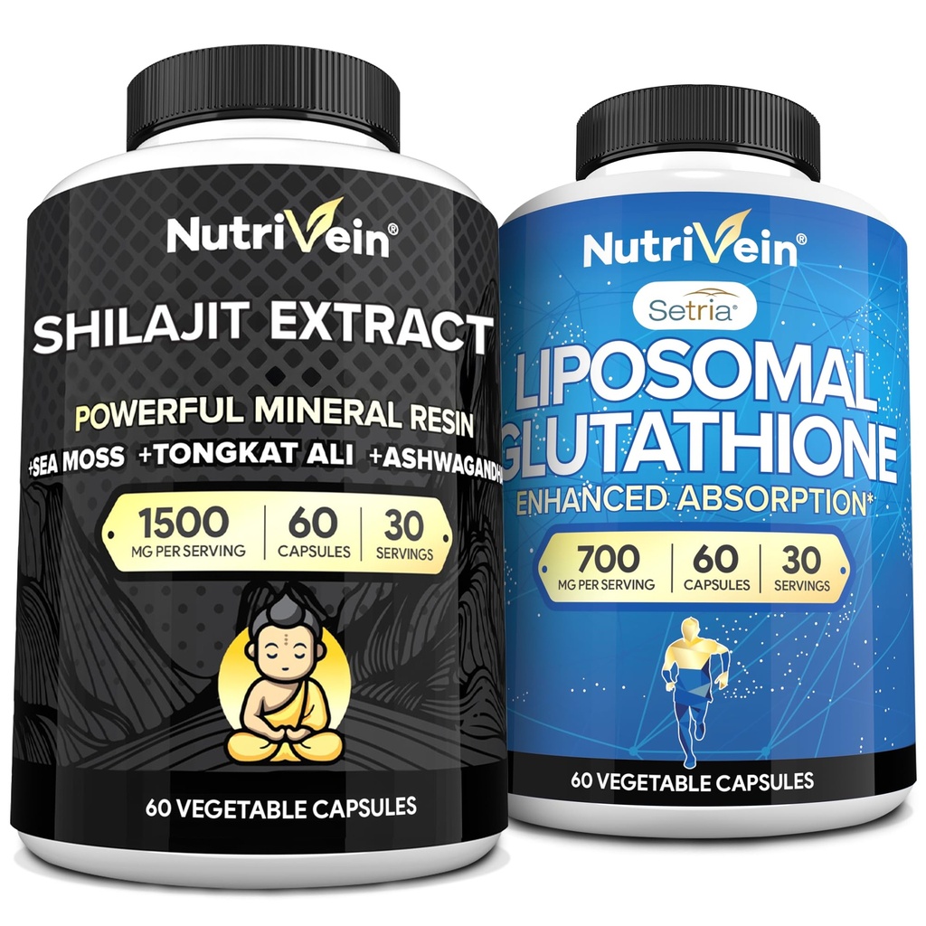Nutrivein Premium Shilajit Capsules &quot Liposomal Glutathione Supplement Bundle: High-Absorption Glutathione Liposomal " Shilajit Capsules for Men " Women - Liver, Detox, " Vitality